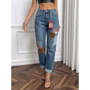NEW Lucky Brand Legend Boy Mid Rise Relaxed Straight Patchwork Jeans Womens 0/25